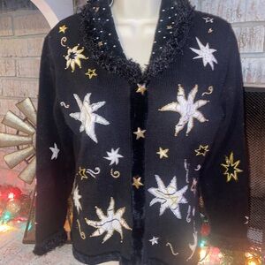 Berek Black Cardigan with Gold and White Star Embellishments